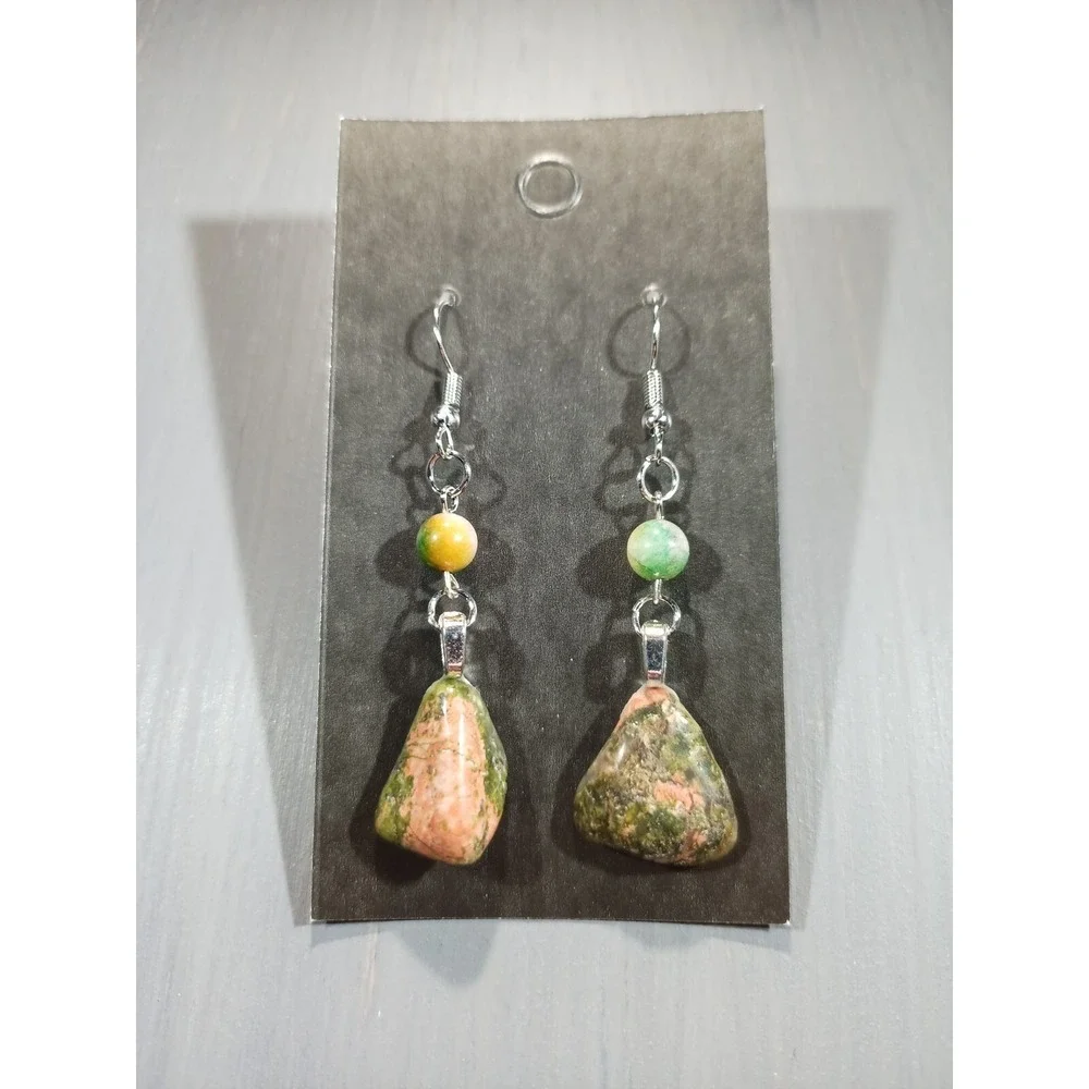 Unakite Tumbled Stone Dangle Earrings Nickel Free Pink Green Boho Handmade